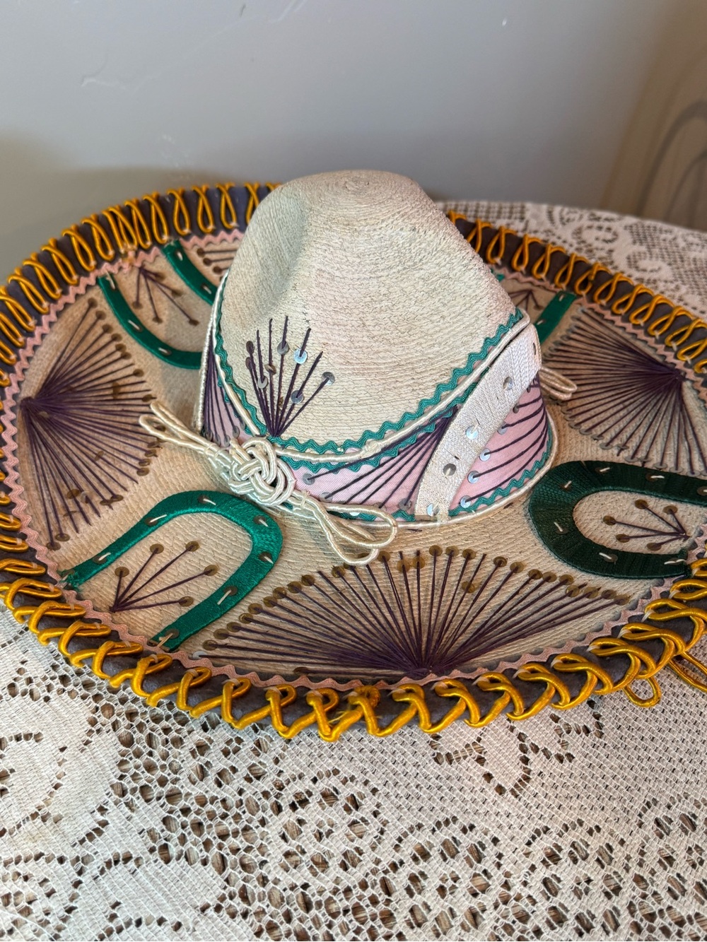 Embroidered Straw Sombrero with Green & Pink Accents